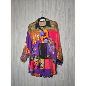 Vintage Sandy Starkman Patchwork Sequin Lace Boho Festival Shirt Top Women's S
